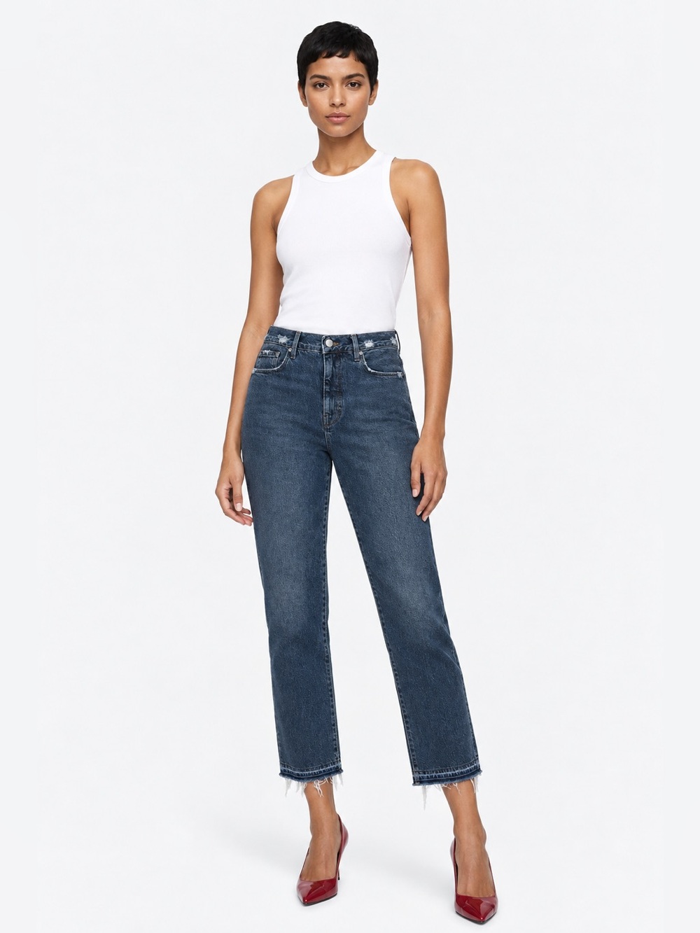 FRAME Le Sylvie Crop High Rise Straight Leg Jeans Distressed Hem Carmenita 27